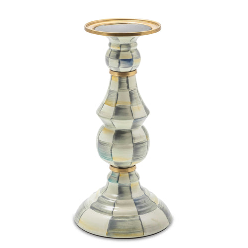 Sterling Check Enamel Pillar Candlestick - Large