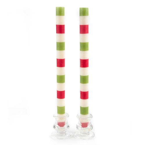 Multi Bands Red & Green  Dinner Candles, Set of 2