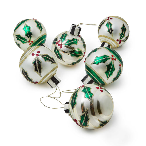 Holly Leaf Glass Ball Ornaments, Set of 6