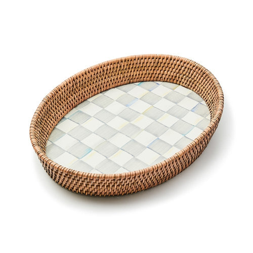 Sterling Check Large Enamel & Rattan Serving Tray