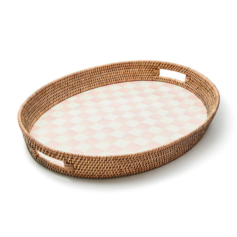 Rosy Check Enamel & Rattan Party Tray