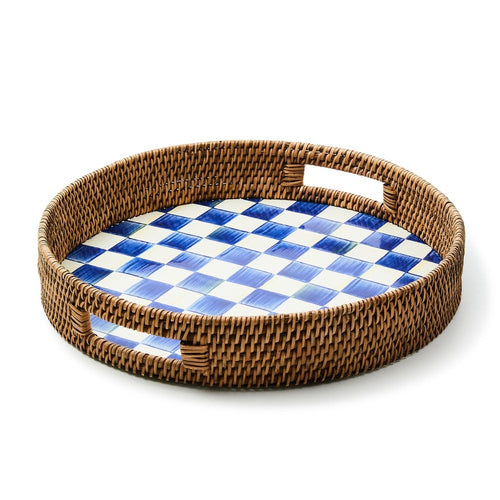 Royal Check Enamel & Rattan Round Serving Tray