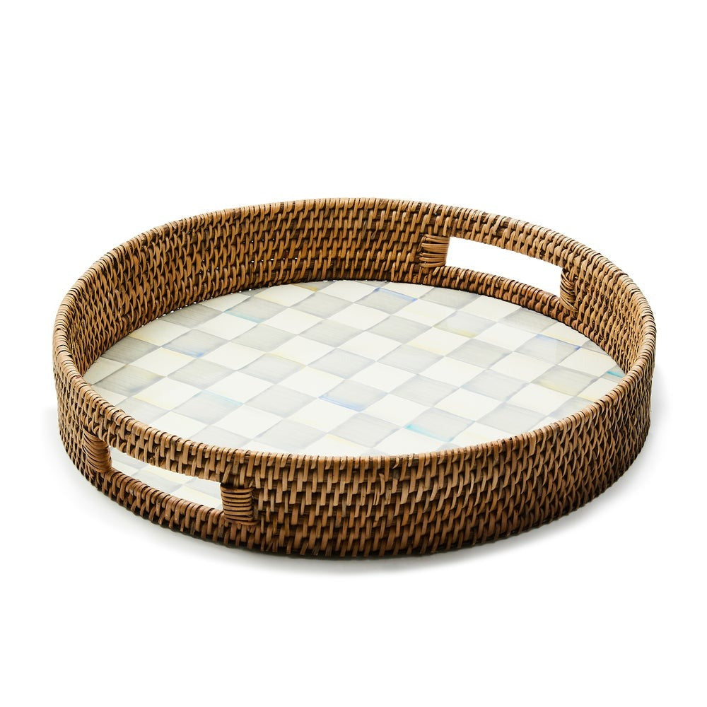 Sterling Check Enamel & Rattan Round Serving Tray