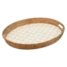 Cargar imagen en el visor de la galería, Mocha Check Enamel &amp; Rattan Party Tray