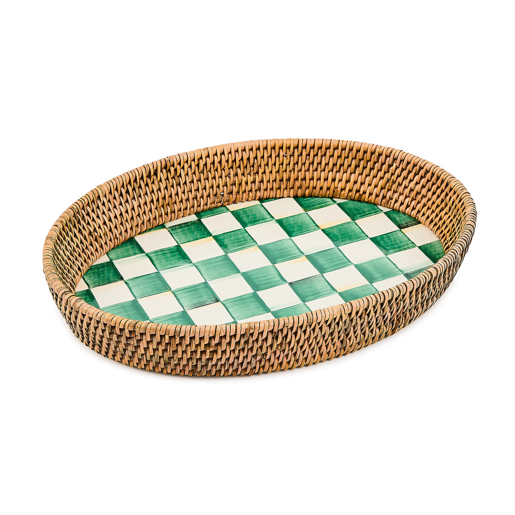 Emerald Check Enamel & Rattan Large Tray