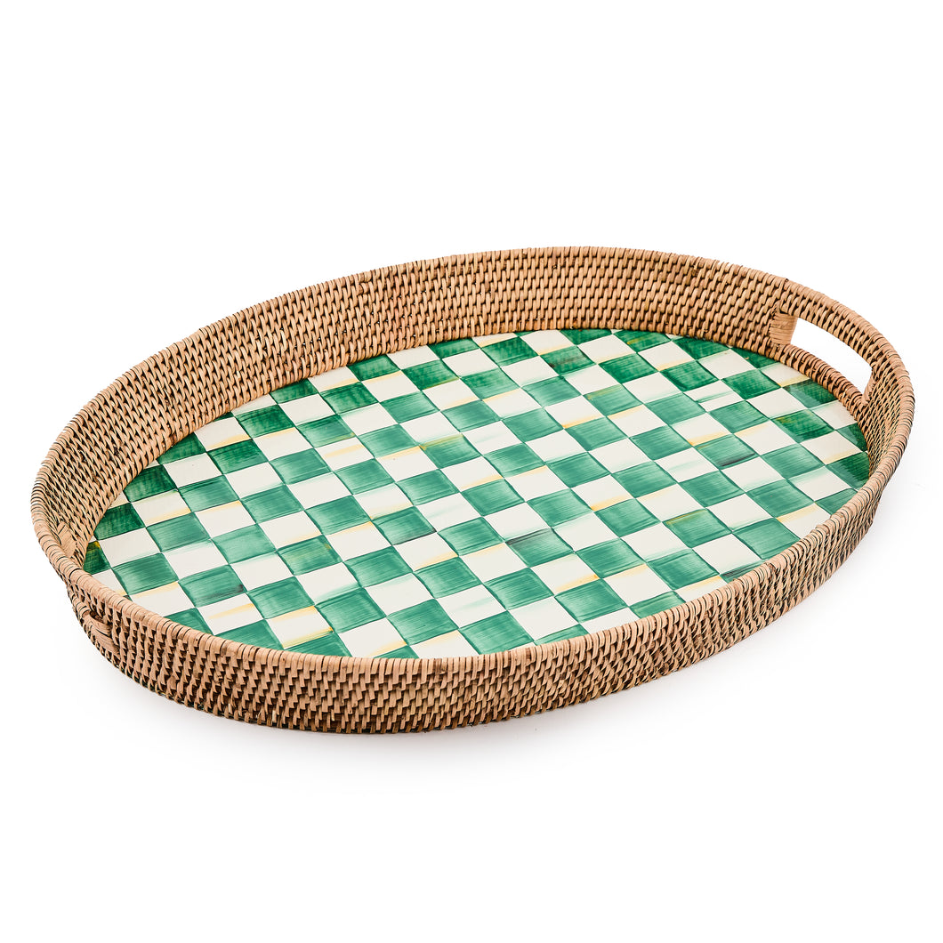 Emerald Check Enamel & Rattan Party Tray
