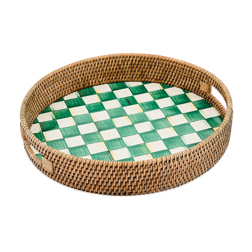 Emerald Check Enamel & Rattan Round Serving Tray