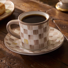 Cargar imagen en el visor de la galería, Mocha Check Stoneware Espresso Cup &amp; Saucer, Set of 2