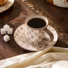 Cargar imagen en el visor de la galería, Mocha Check Stoneware Espresso Cup &amp; Saucer, Set of 2