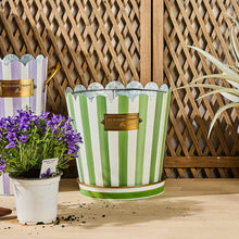 Cargar imagen en el visor de la galería, Grass Green Stripe Pots &amp; Saucers, Set of 3