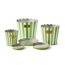 Cargar imagen en el visor de la galería, Grass Green Stripe Pots &amp; Saucers, Set of 3