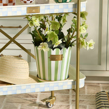 Cargar imagen en el visor de la galería, Grass Green Stripe Pots &amp; Saucers, Set of 3