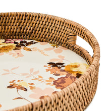 Cargar imagen en el visor de la galería, Wild Rose White Enamel &amp; Rattan Round Serving Tray